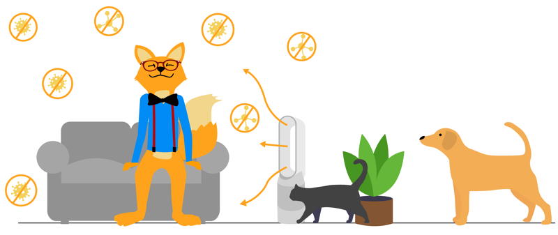 Der Smart-Home-Fox sitzt gelassen auf der Couch, weil ein Luftreiniger die Allergene im Raum filtert